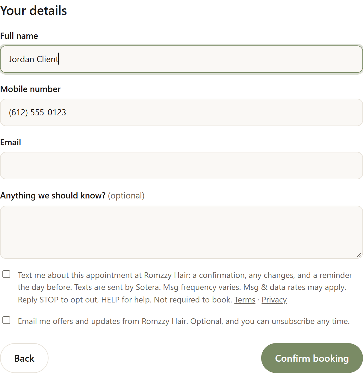 The 'Your details' step of a Sotera booking page: full name, mobile number, email, and an unticked box reading: Text me about this appointment at Romzzy Hair: a confirmation, any changes, and a reminder the day before. Texts are sent by Sotera. Msg frequency varies. Msg & data rates may apply. Reply STOP to opt out, HELP for help. Not required to book. Terms · Privacy